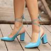 Turquoise Faux Leather Thick Heel Pumps for Women Ankle Strap Sandals for Women Casual Shoes Ma-028