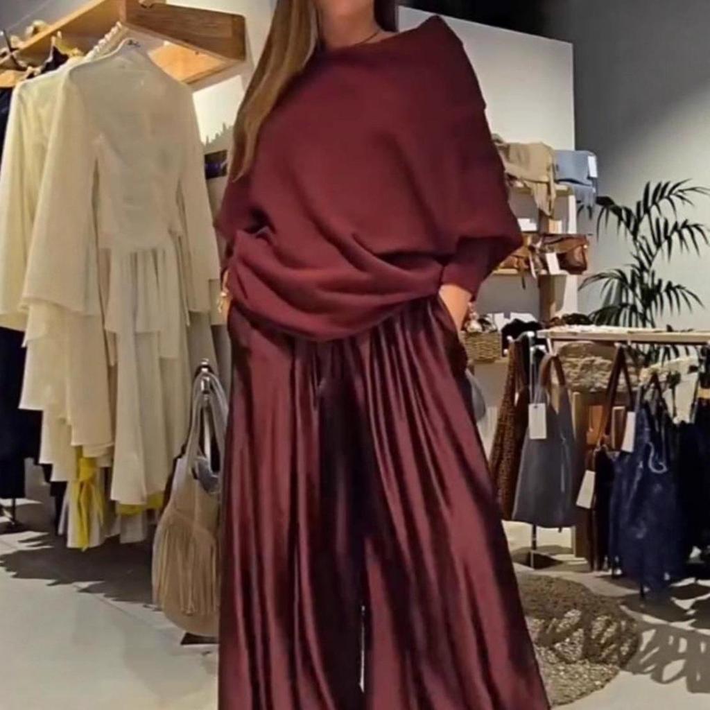Elegant Off-the-Shoulder Top and Satin Wide-Leg Pants Two-Piece Set 2025