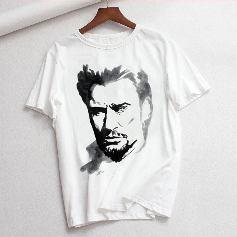 Johnny Hallyday Print T Shirt Women White and Black Shirts Fashion Round Neck Short Sleeve Cotton TShirt