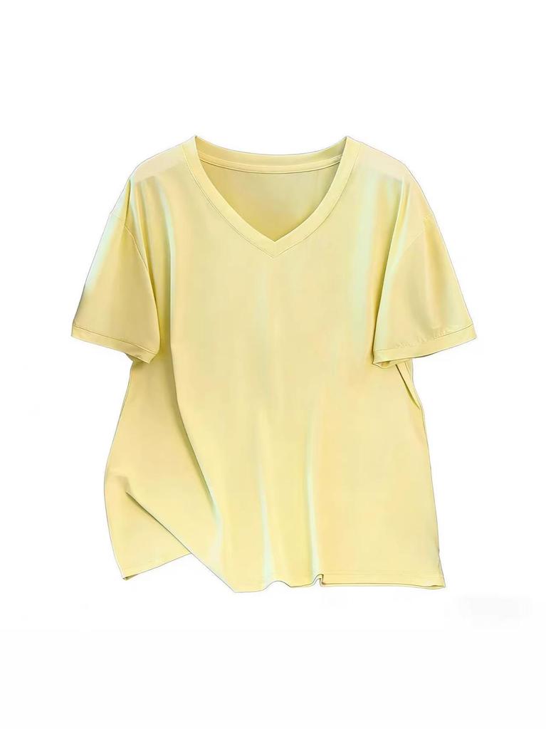 Versatile Slimming V-Neck Quick-Dry Plus Size Women's Top - Summer Short Sleeve, Solid Color, 300 Jin Capacity