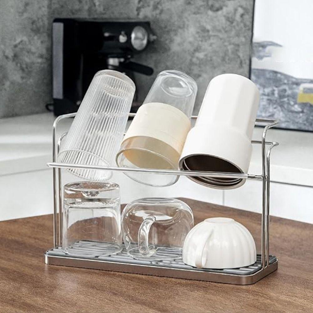 2 Tier Cup Storage Rack with Drain Tray Cup Organizer Household Bottle Drying Rack  Water Bar