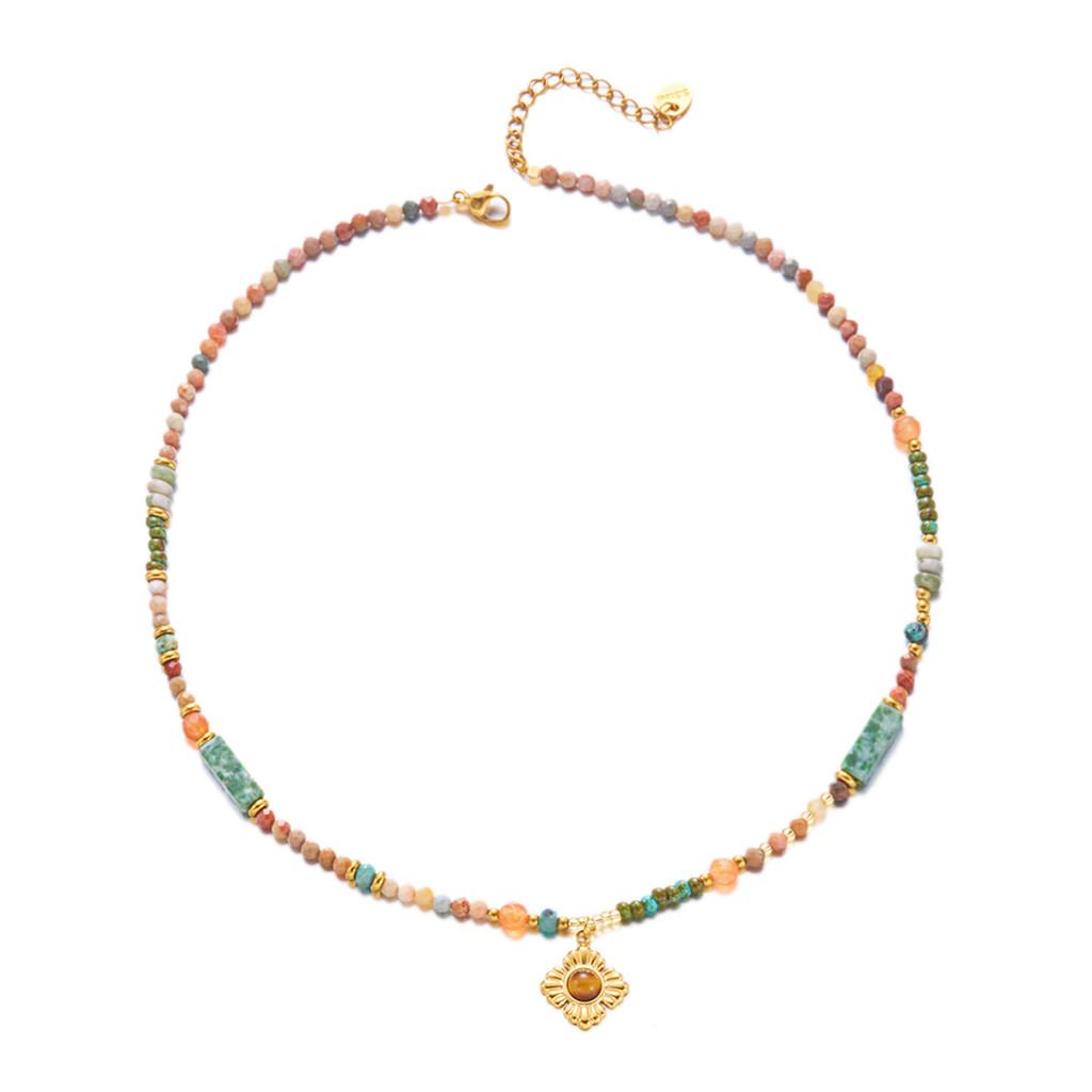 Stainless Steel Sunflower Necklace With Natural Turquoise Beads For Women