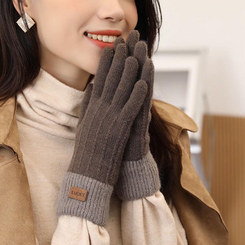 Gloves Female Winter Cute Velvet Thickened Knitted Wool Five-finger Riding Winter Warm and Cold-proof Students