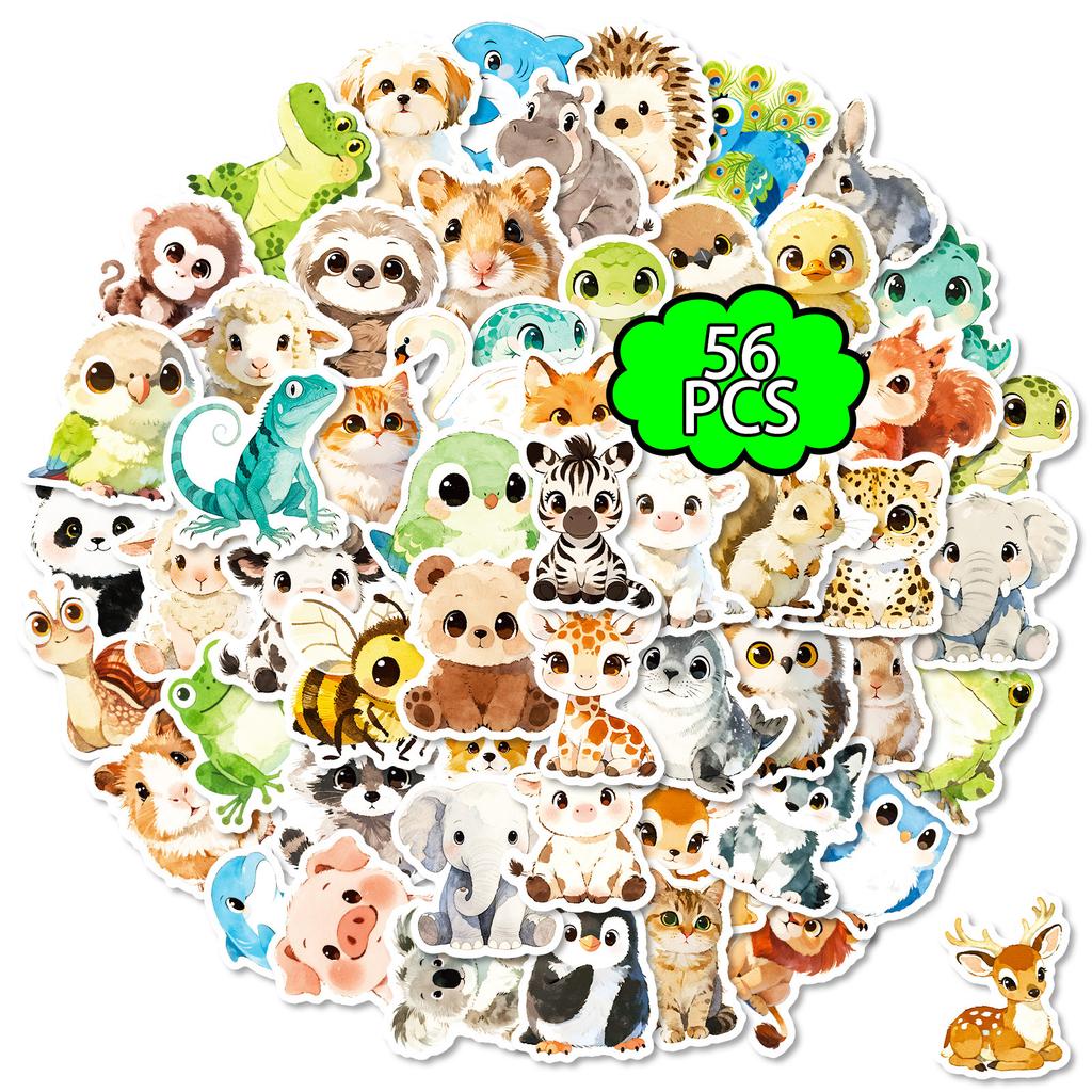 56 Watercolor Hand-Painted Cartoon Animal Graffiti Stickers Cute Penguin Lamb Crocodile Decorative Stickers