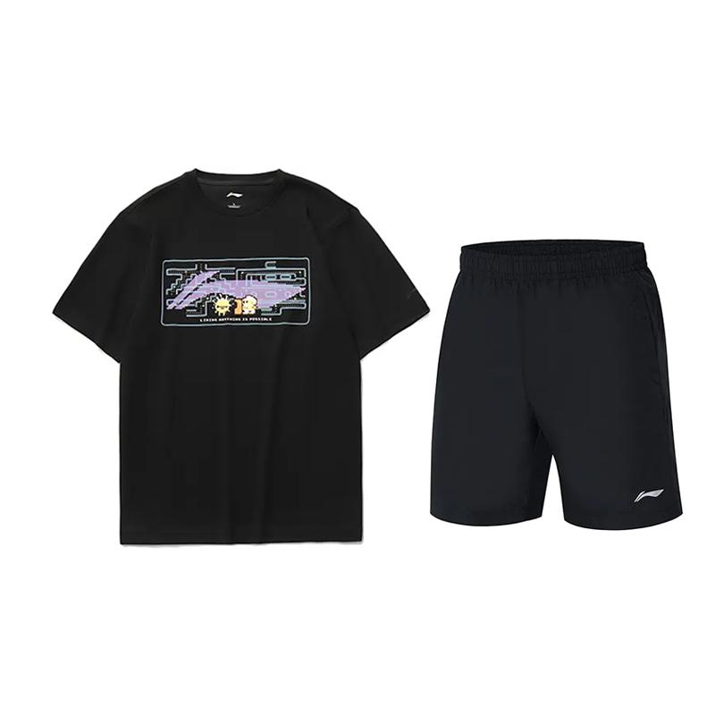 Li-Ning Cartoon Print Loose Short Sleeve T-Shirt Quick Dry Logo Five-Point Elastic Shorts Casual Sports Set Unisex Sets Black AHSUA23-2+YKST119-1