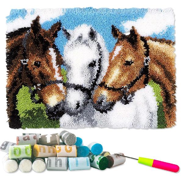 DL-YTG Latch Hook Kits Rug Three Horses Crochet Yarn Cushion Colour Pre-Printed Canvas Cover Rug Needlework DIY Hook and Latch Kit Home Decoration