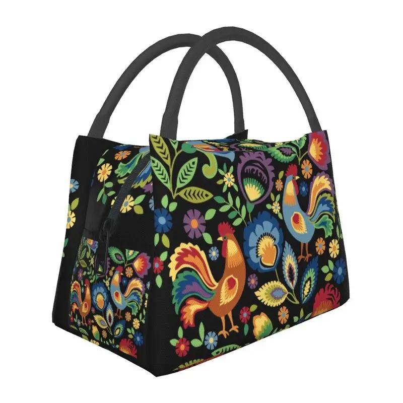 Polish Folk Flowers And Roosters Lunch Box for Women Waterproof Poland Floral Art Cooler Thermal Food Insulated Lunch Bag