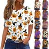 Womens Casual Short Sleeve Halloween Pullover Shirt Round Neck Bat Pumpkin Print Top Lightweight Comfortable Fit