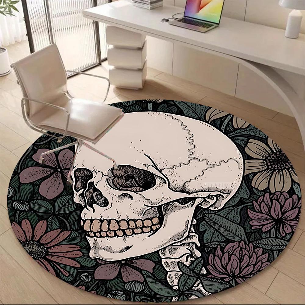 1 Stück Schädelblumen Büro Runder Teppich, Matte Geeignet für Büro, Unter Bürostühlen Schlafzimmer Wohnzimmer Heimdekoration, Raumdeko