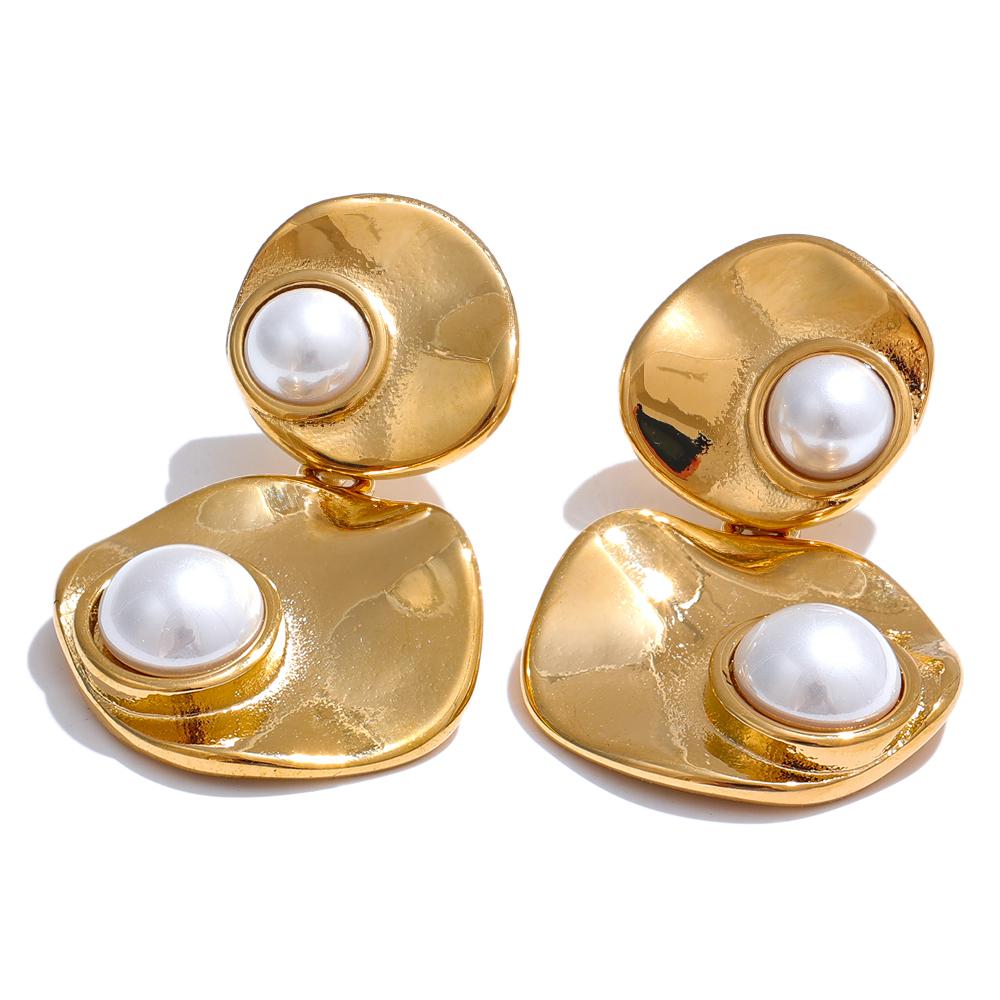 Yhpup Elegant Imitation Pearls Round Geometric Drop Dangle Earrings Stylish Stainless Steel Korean Daily Jewelry Gift