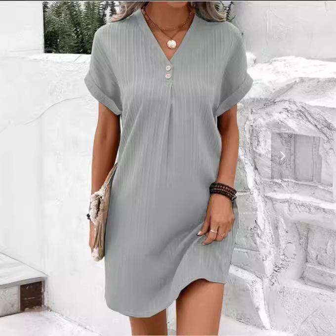 

Women Dress V Neck Button Short Sleeves Loose Pullover Casual Dress