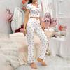 Heart Print V-Neck Short-Sleeve Pajama Set with Long Pants