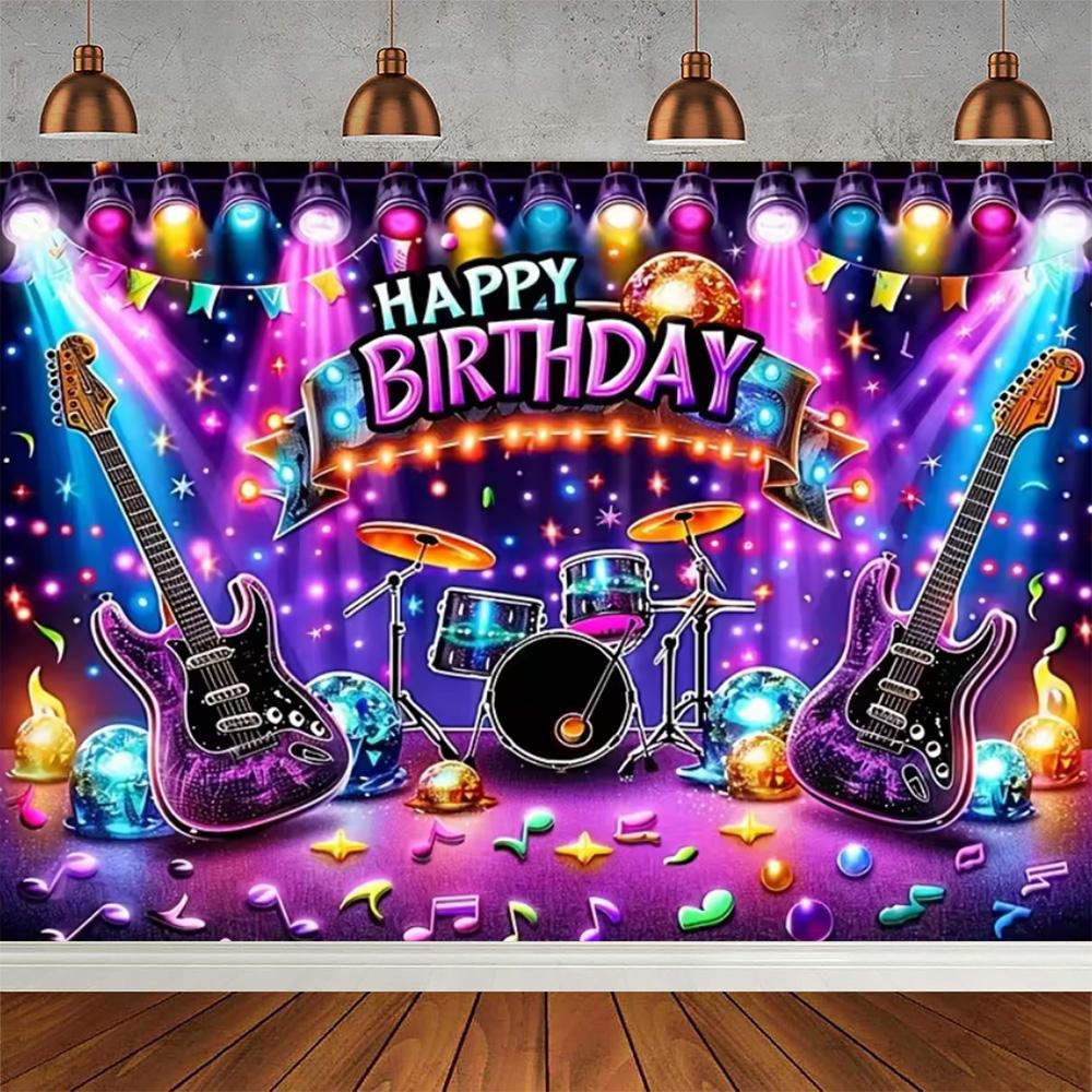 Rock Music Themed Birthday Party Decoration Shooting Background, Music Guitar Dance Notes Band Stage Banner Photography Backdrop