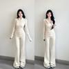 Korean Style Women's White Yoga Suit: Stand-up Collar Jacket & Flare Pants - Early Autumn 2025 Collection