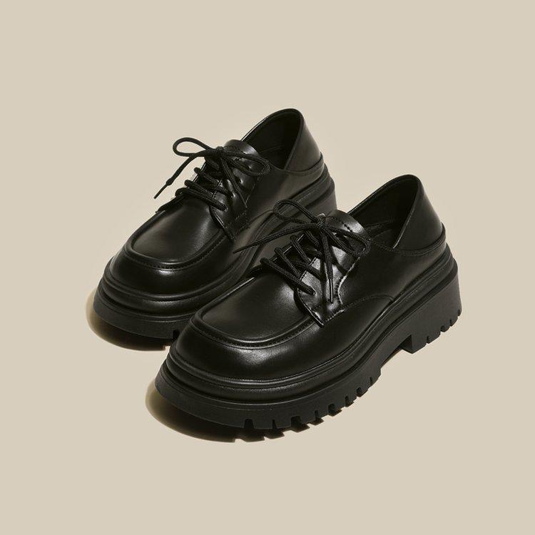 

White platform muffin small leather shoes women s 2025 spring new retro British style versatile shorty Le height increase single shoes 35 чёрный