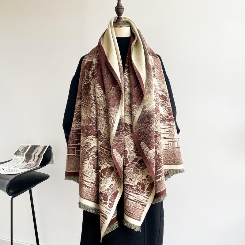 Vintage Chinese Style Thickened Imitation Cashmere Tassel Scarf For Women Winter Warm Outdoor