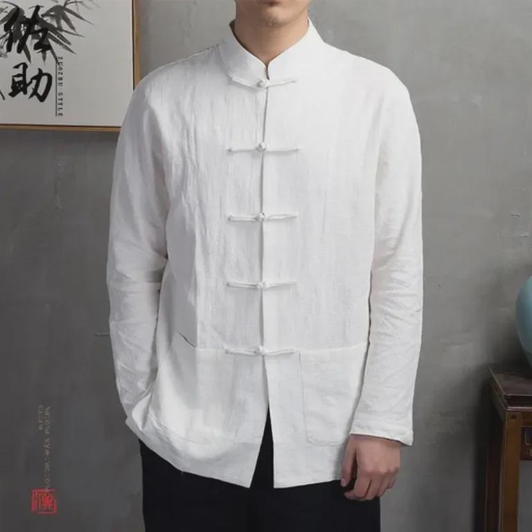 Men's Retro-Style Chinese Cotton Linen Stand Collar Shirt – Long-Sleeved for Spring and Autumn.