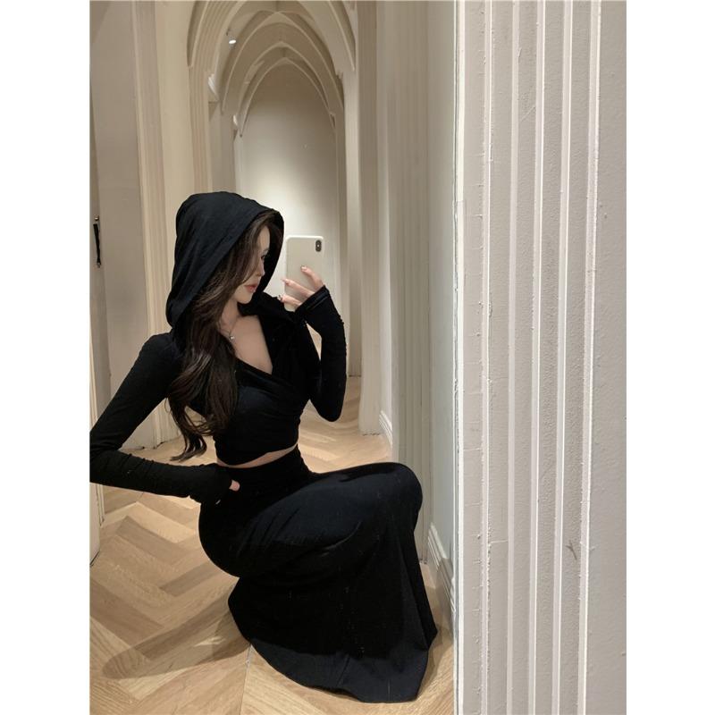 Fashion Elegant Long Sleeve Hoodie Top and High-waisted Fishtail Hip Skirt Suit for Women Spring Autumn Casual Slim Fit Simple Clothes Outfits 2845