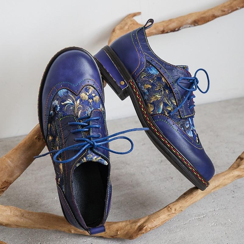 Johnature Genuine Leather Printed Pumps Retro Round Toe Lace Up Low Heel Women's Shoes