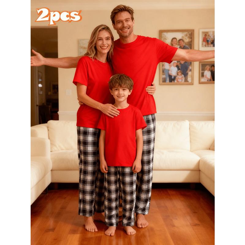Family Matching Outfit, Comfortable Short Sleeve Tees & Classic Checkered Trousers for Spring Festival Home Wear & Outdoor Trips
