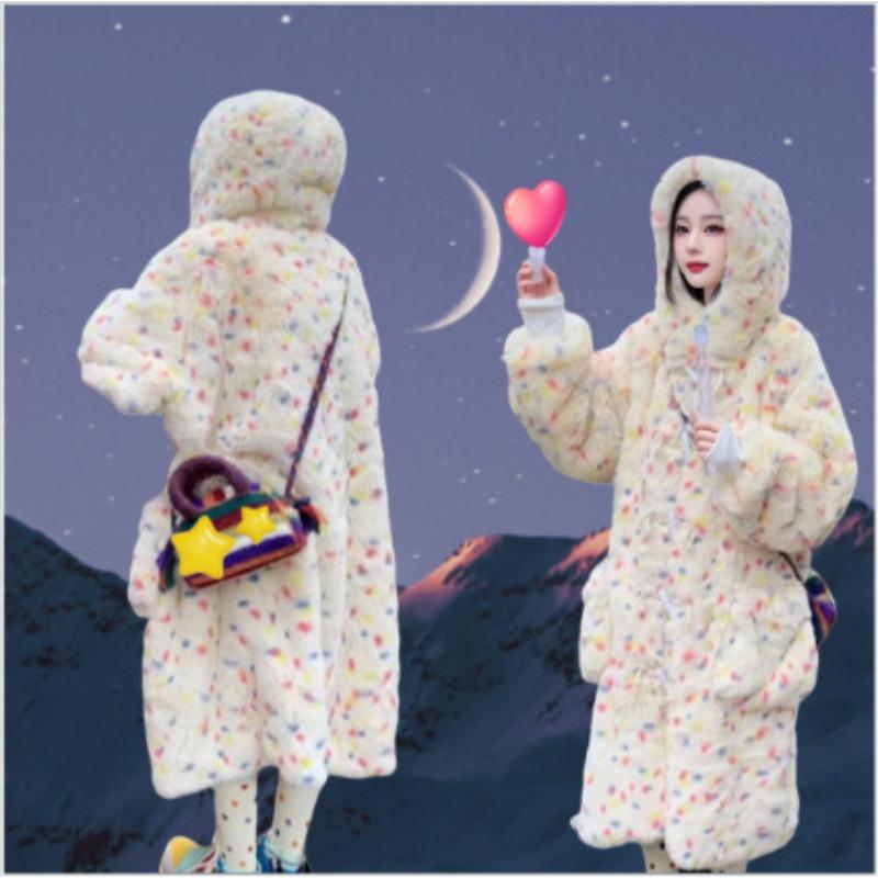 

Легкое супер теплое пальто из искусственного меха с капюшоном и застежкой на роговые пуговицы, женское экологичное зимнее утолщенное пушистое пальто из кроличьего меха S Length 105CM