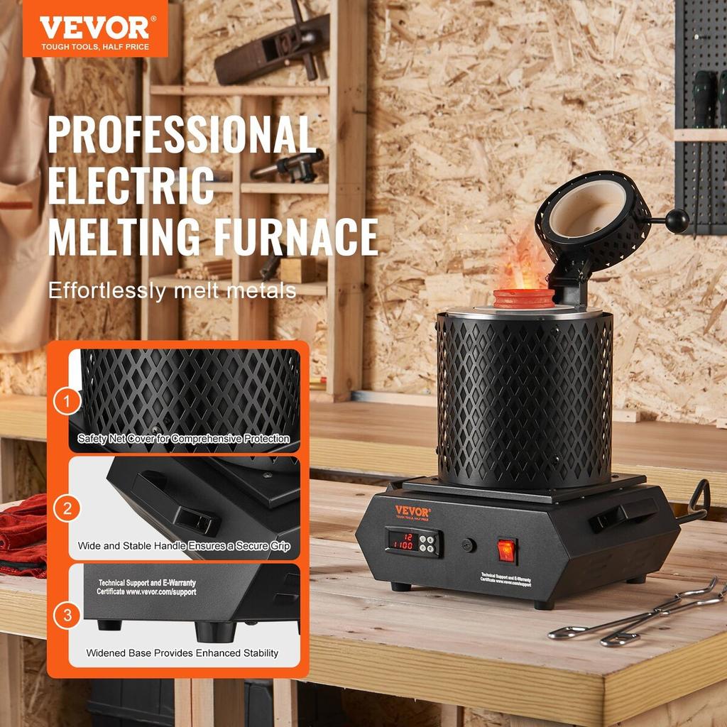 Four de fusion de l'or, 1350 W, Température maximale de 1150 °C, Four de fusion électrique numérique avec creusets en céramique de 1 kg et 3 kg, Pinces à creuset, et