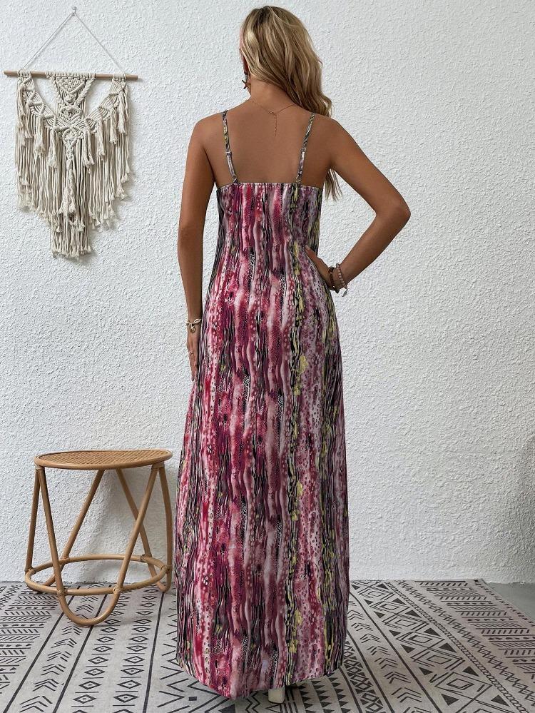 Spring Summer Women Fashion European American Style Printed Suspender Dress