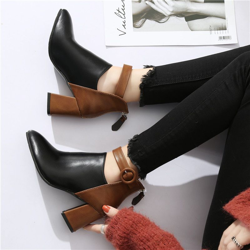 Pointed Toe Heeled Ankle Boots for Women Spring Autumn Color Blocking Woman Short Shoes On Promotion Large Size Warm Pu Booties