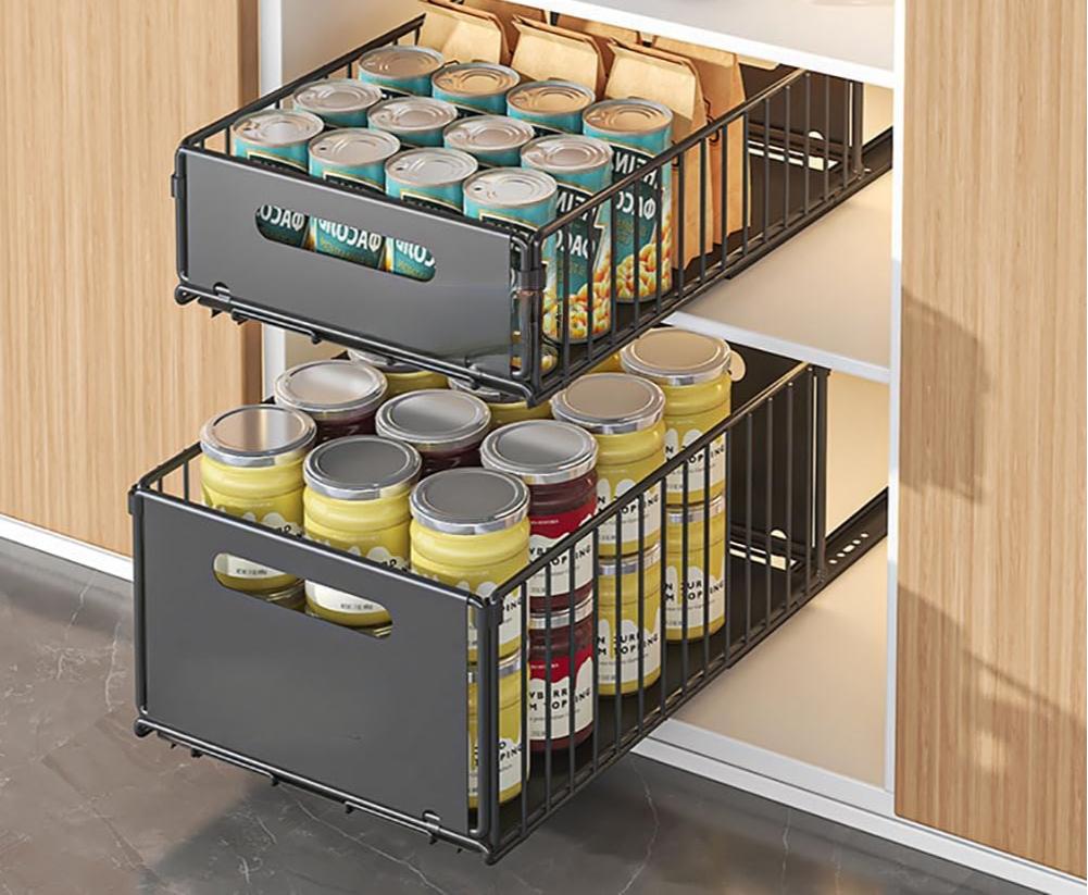 Pull Out Cabinet Organizer Slide Out Drawer Storage Shelves Cupboard Organiser Sliding Cabinet Basket for Kitchen No Drilling