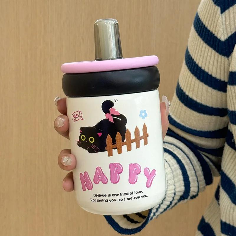 500ml Cute Black Cat Print 316 Stainless Steel Straw Insulated Cup, Kawaii Kitty Thermal Flask for Girls 500ml