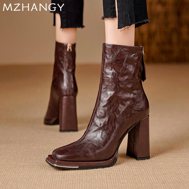 Fashion High Heels Women Square Toe Leather Snow Boots Dress Sexy Fashtion Ankle Boots Women 2024 Trend New Winter Designer Botas Mujer