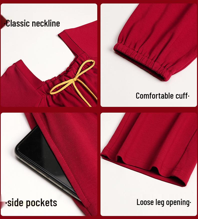 Wine Red Pure Cotton Long Sleeve Pajama Set for Newlywed Couples - Spring & Autumn Festive Homewear
