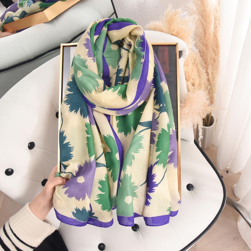 Imitation Cotton and Linen Scarf for Women In Spring and Summer Fashion Thin Pastoral Style Floral Printed Silk Scarf High-end Temperament Shawl