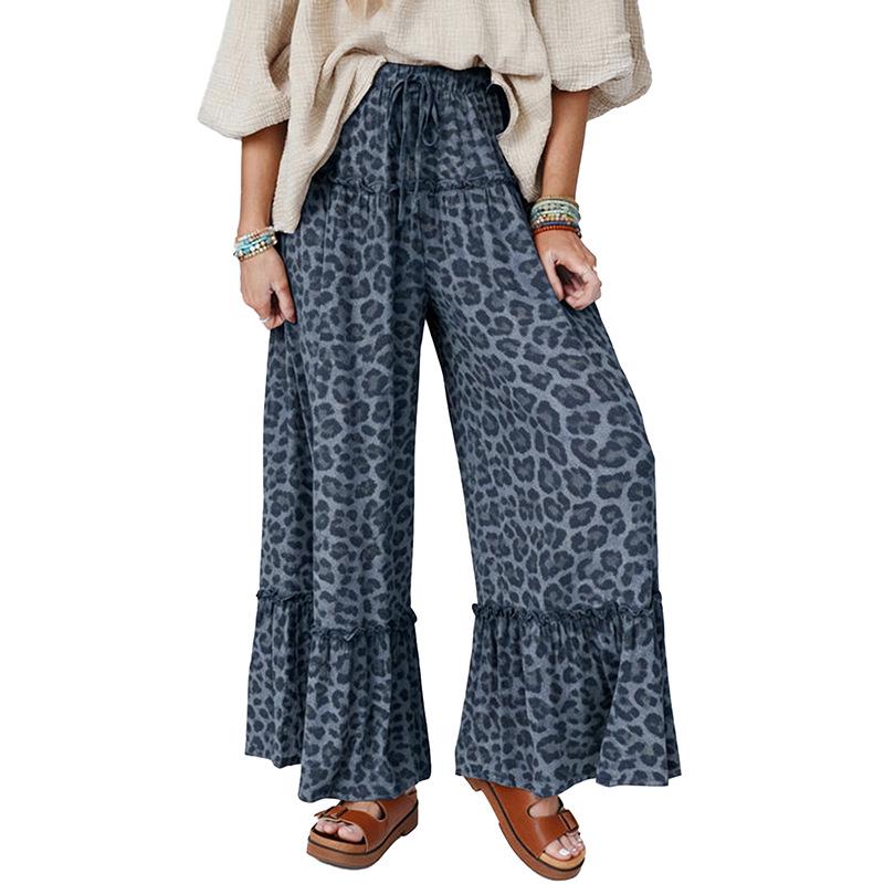Leopard Print High Waist Drawstring Wide Leg Pants for Women S