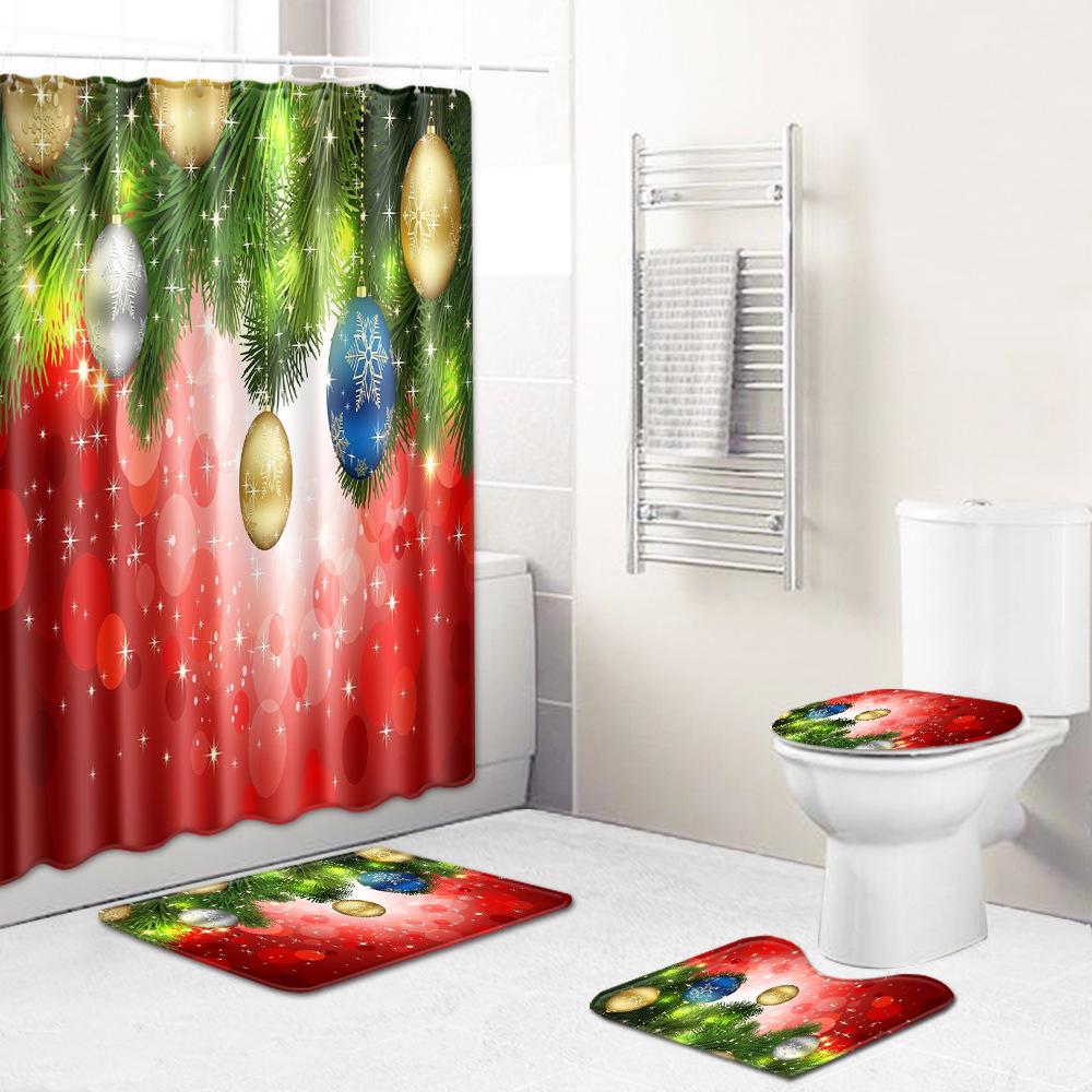 Christmas Bathroom Shower Curtain Four-Piece Floor Mat Toilet Non-Slip Door Mat Bedroom Living Room Absorbent Carpet