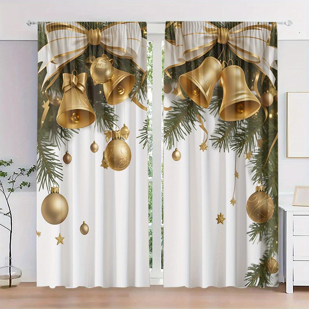 2Pcs Christmas Theme Light-Filtering Polyester Curtains With Rod Pocket – For Bedroom, Living Room, Office & Home Decor