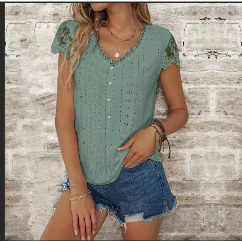 Summer Fashion Solid Color Lace V-neck Short Sleeved T-shirt Top T-Shirts Women’s