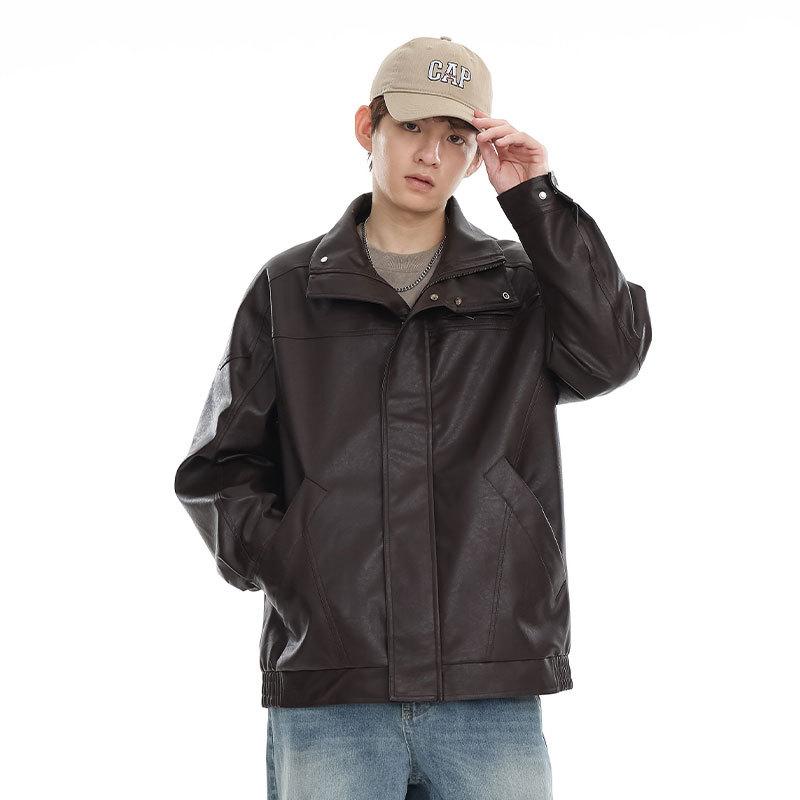 Black Cool Handsome Pu Leather Jacket Men'S Loose Clothes Trendy Brand Ruffian Handsome Locomotive Clothing American Jacket Trendy