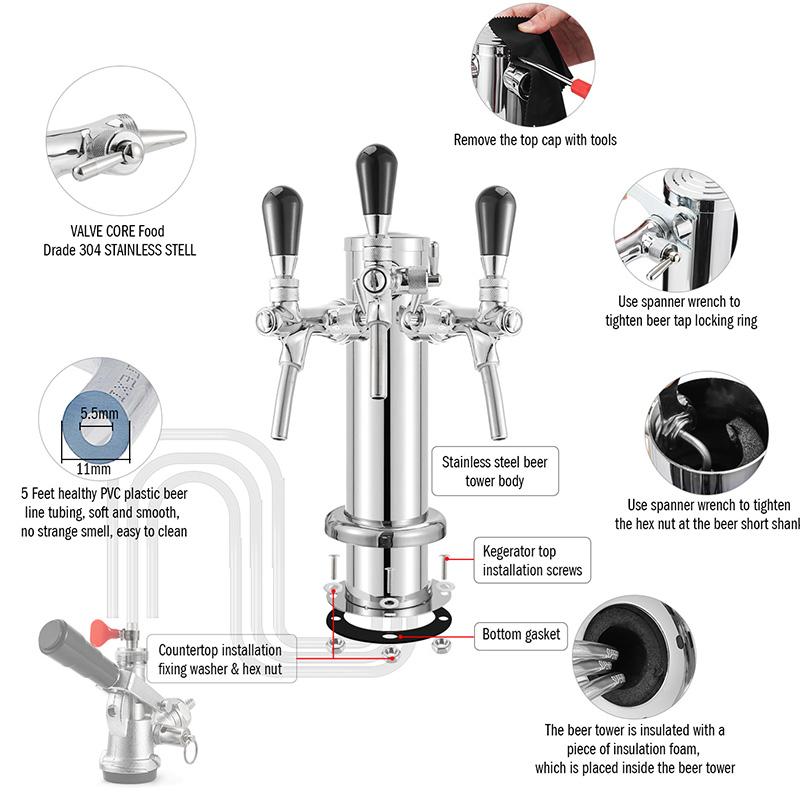 Věž na čepované pivo, 3 výčepní kohouty Kegerator Pivo věž, 3'' Stříbrný sloup 3-cestný výčepní dávkovač s knoflíkem pro nastavení průtoku, Barové příslušenství