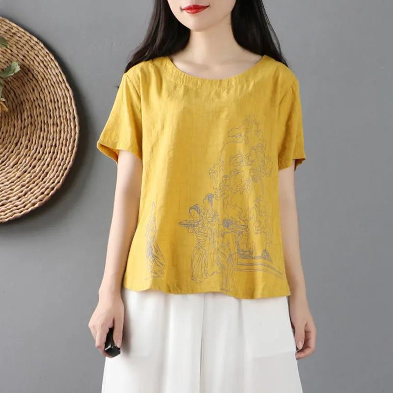 Chinese Style Retro Cotton and Linen Top for Women In Summer New Short-sleeved Round Neck Loose Large-size Casual T-shirt