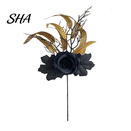 Black Maple Leaf Decor Halloween Flowers Bouquet Decorations, Artificial with Pumpkin Rose Eucalyptus Dried Leaves Flower Stems Floral Stems,