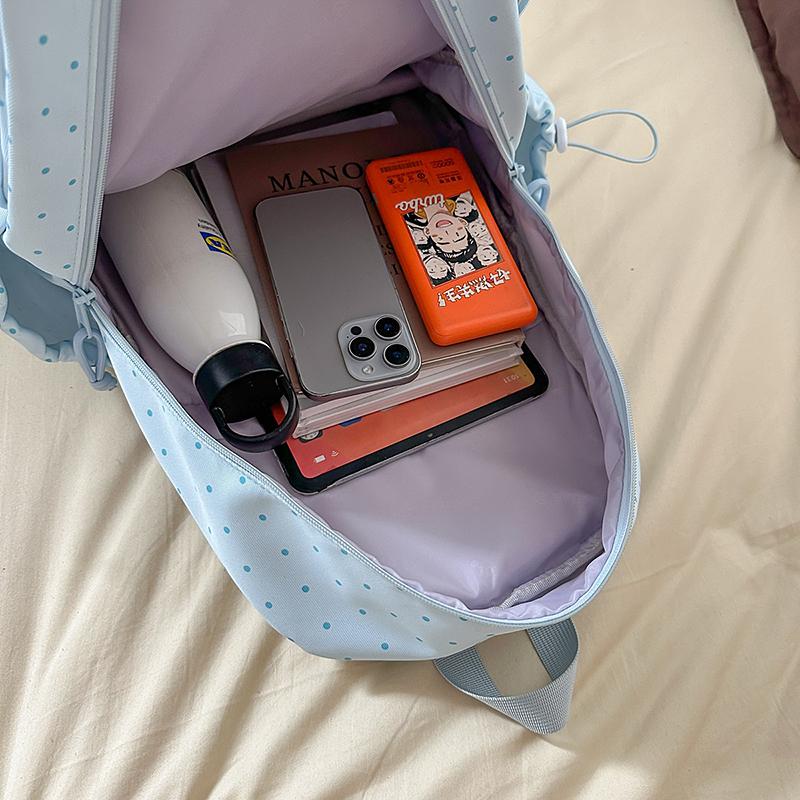 Women's Wave Point Print Backpack Junior High School Student Schoolbag Large Capacity Backpack with Coin Purse