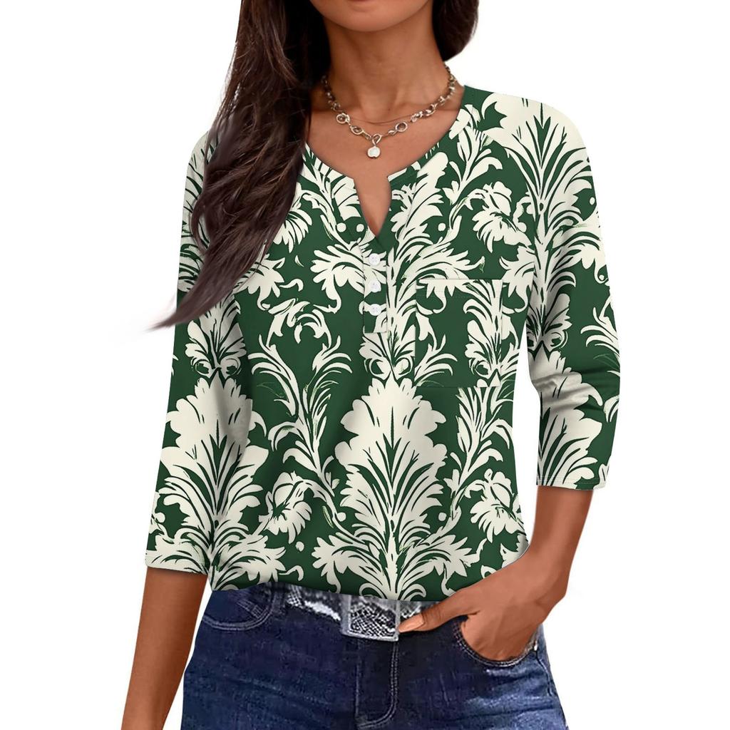 Ladies Casual Fashion V-neck Loose Versatile Floral Print Three-quarter Sleeves