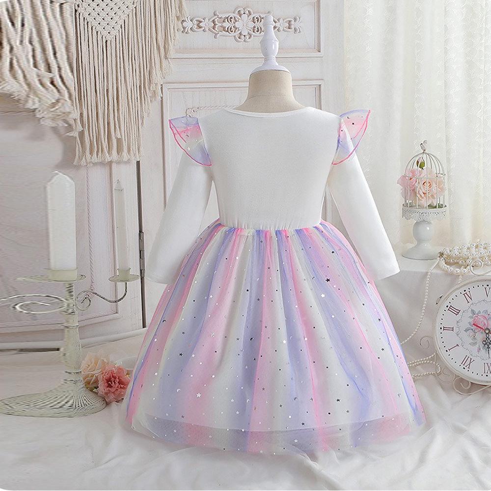 Girls' Unicorn Rainbow Princess Dress: Long Sleeve Sequined Mesh Dress for Spring & Autumn Birthdays