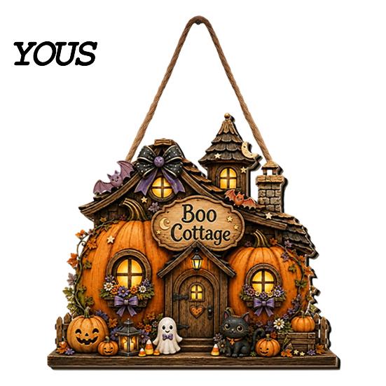 Autumnal Porch Decoration 2D Wooden Halloween Door Hanger Sign, Pumpkin Ghost Vintage Town Building Welcome Front Seasonal Wall Plaque with
