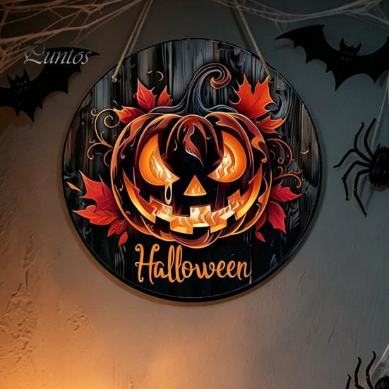 Fall Seasonal Door Hanger Halloween Wooden Sign, Flame Pumpkin Maple Leaf Printed Round Hanging Plaque, Wall for Shop Window Waterproof Decorative