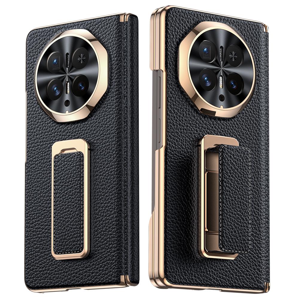 Luxury Genuine Leather Double Hinge Wrist Strap Stand Back Case for Honor Magic V6 / V5 Plating Camera Lens protection Cover Opp Bag&For Honor Magic V6 5G 7.95  чёрный