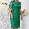 Women Dress Flower Embroidery Double Layers Short Sleeve Round Neck Mid Calf Length Lace Plus Size Elegant Lady Midi Prom Party Dress
