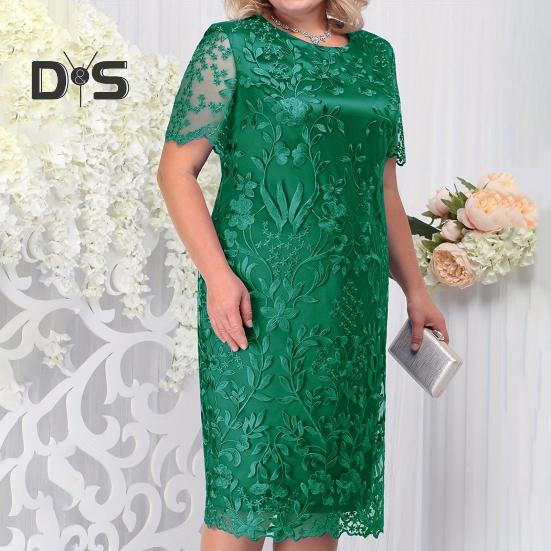 Women Dress Flower Embroidery Double Layers Short Sleeve Round Neck Mid Calf Length Lace Plus Size Elegant Lady Midi Prom Party Dress