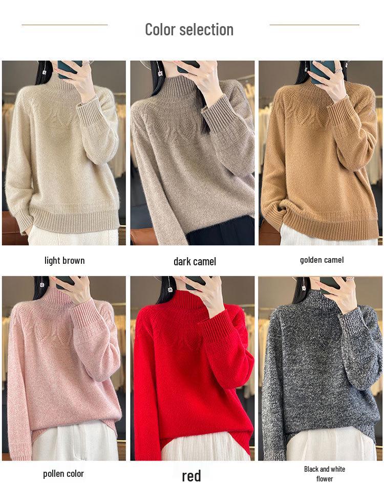 Women's Cashmere Sweater, 100% Wool, Semi-High Neck, Loose Fit, Perfect for Autumn and Winter.
